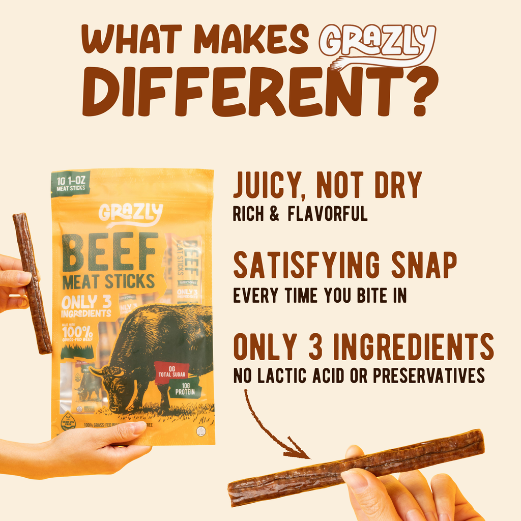 Plain Beef Meat Sticks | 100% Grass-Fed & Finished, 3 Ingredients by Grazly