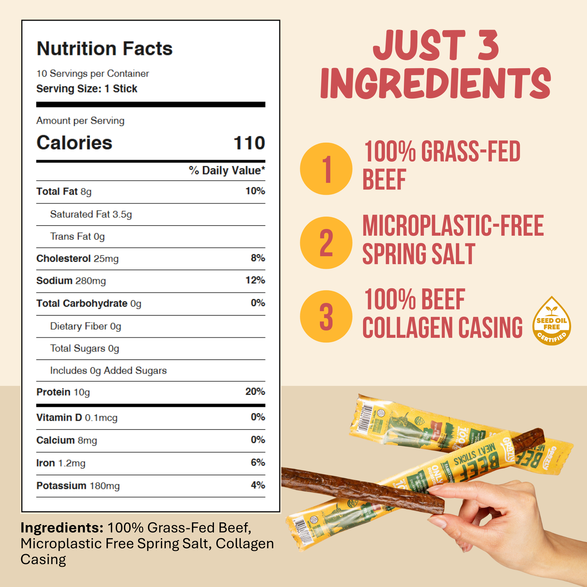 Plain Beef Meat Sticks | 100% Grass-Fed & Finished, 3 Ingredients by Grazly