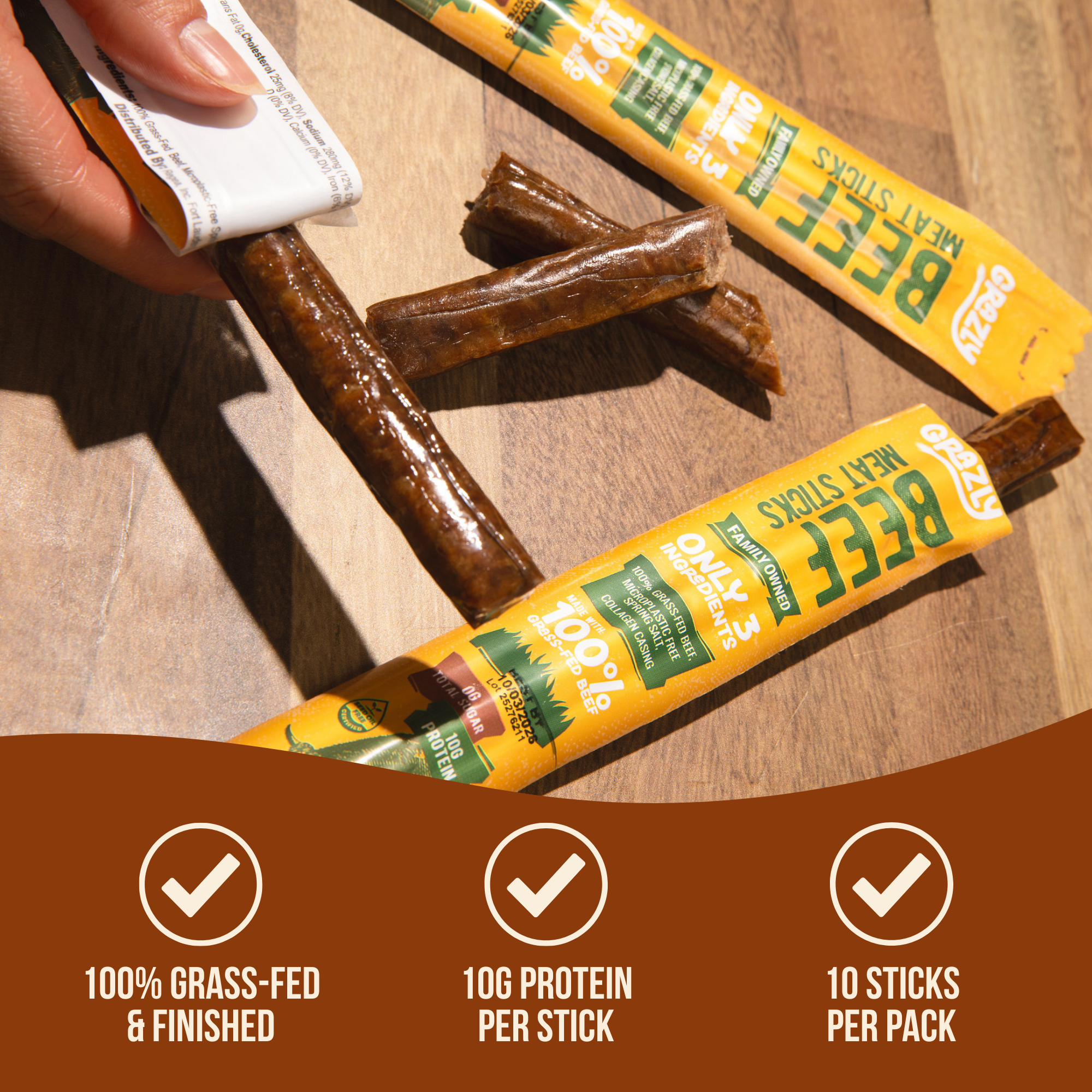 Plain Beef Meat Sticks | 100% Grass-Fed & Finished, 3 Ingredients by Grazly
