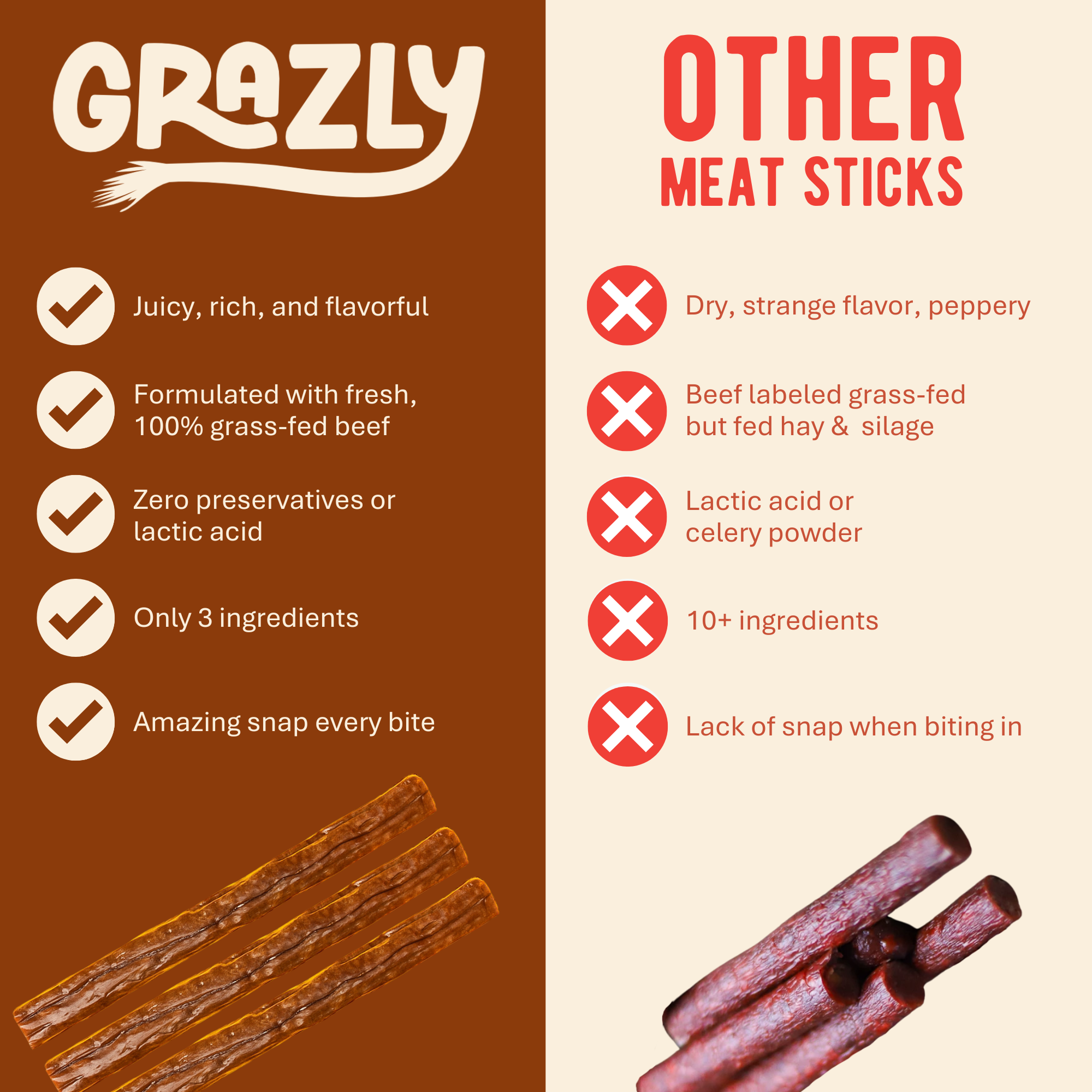 Plain Beef Meat Sticks | 100% Grass-Fed & Finished, 3 Ingredients by Grazly