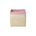Small Square Raffia Storage Basket with a Pink Top