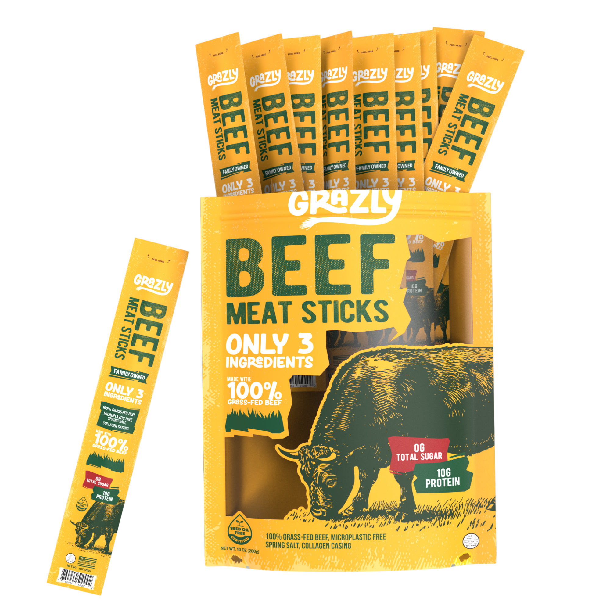 Plain Beef Meat Sticks | 100% Grass-Fed & Finished, 3 Ingredients by Grazly