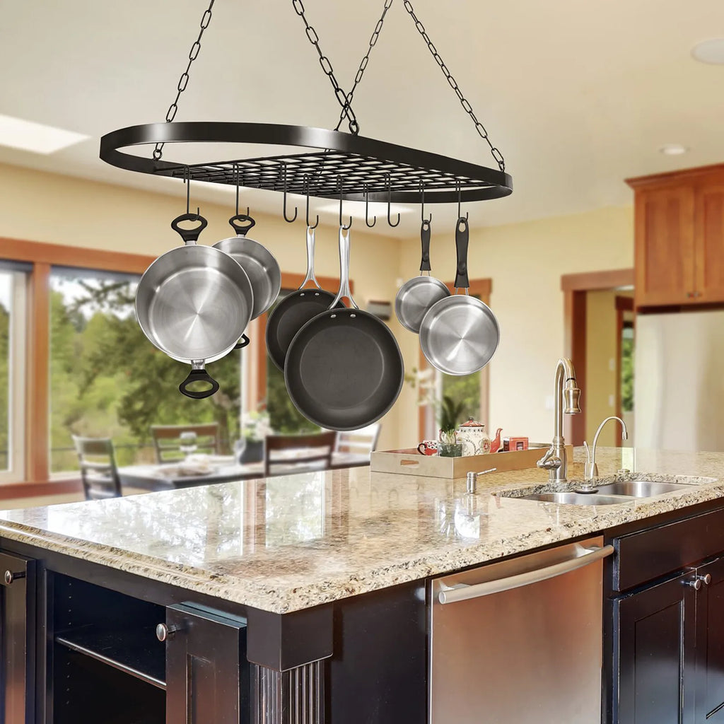 Iron Kitchen Wall Mounted Pot And Pan Rack With Hooks