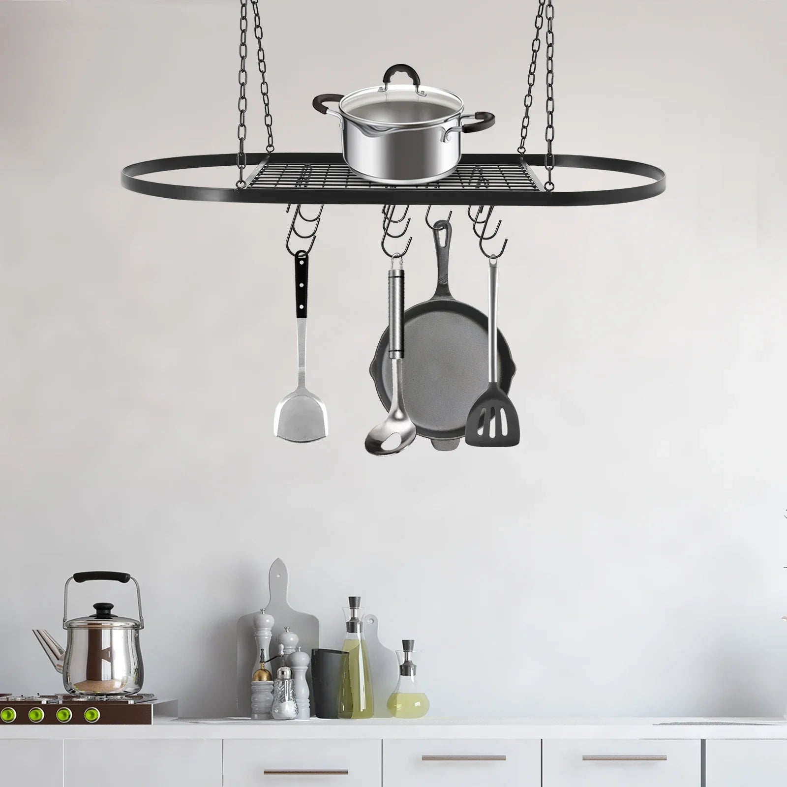 Iron Kitchen Wall Mounted Pot And Pan Rack With Hooks