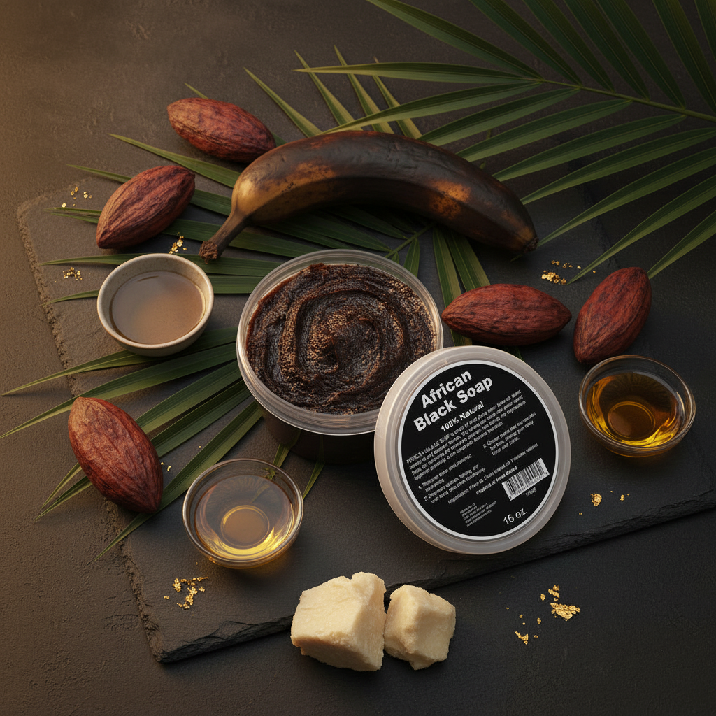 African Black Soap Paste - ingredients flat lay