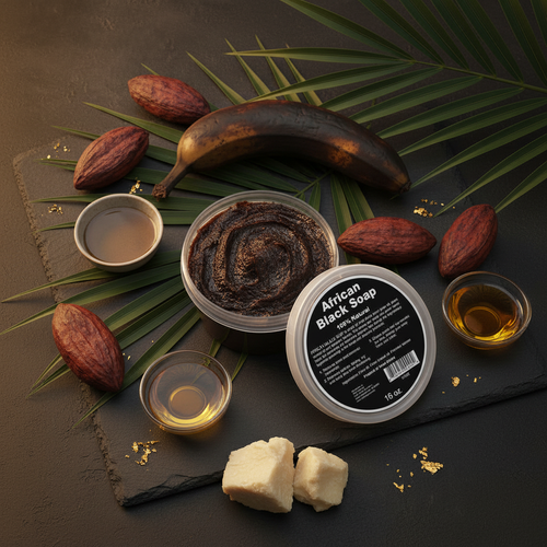 African Black Soap Paste - ingredients flat lay