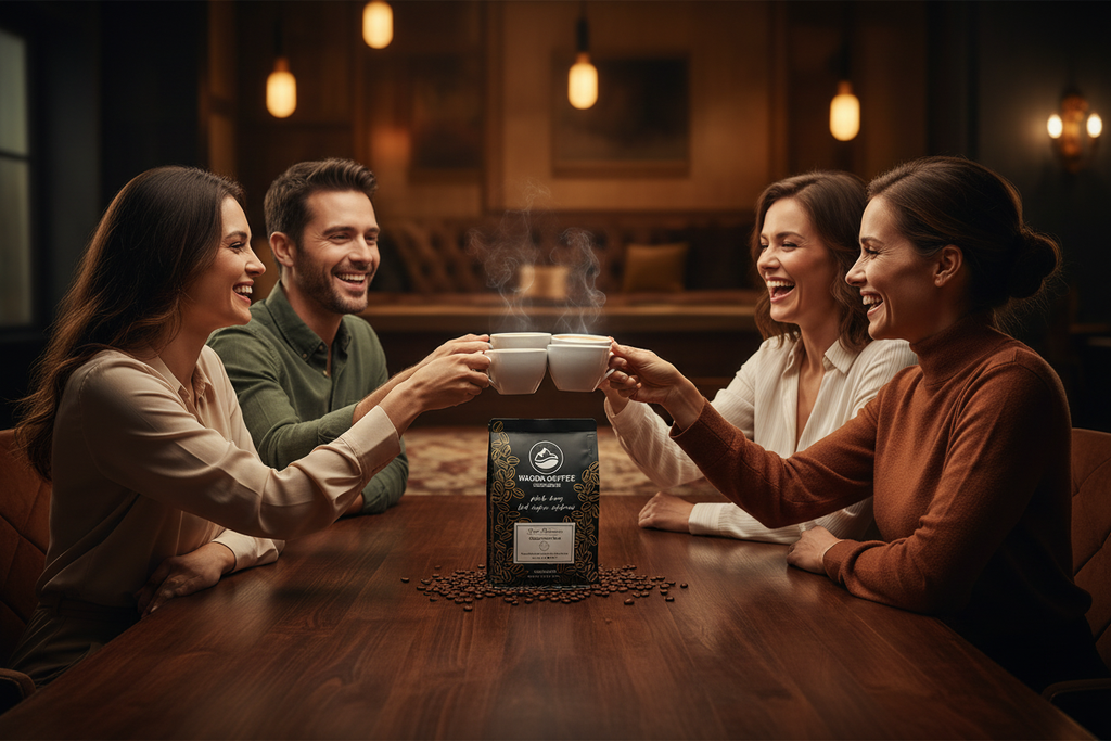 Four Horsemen Coffee with two couples enjoying coffee together