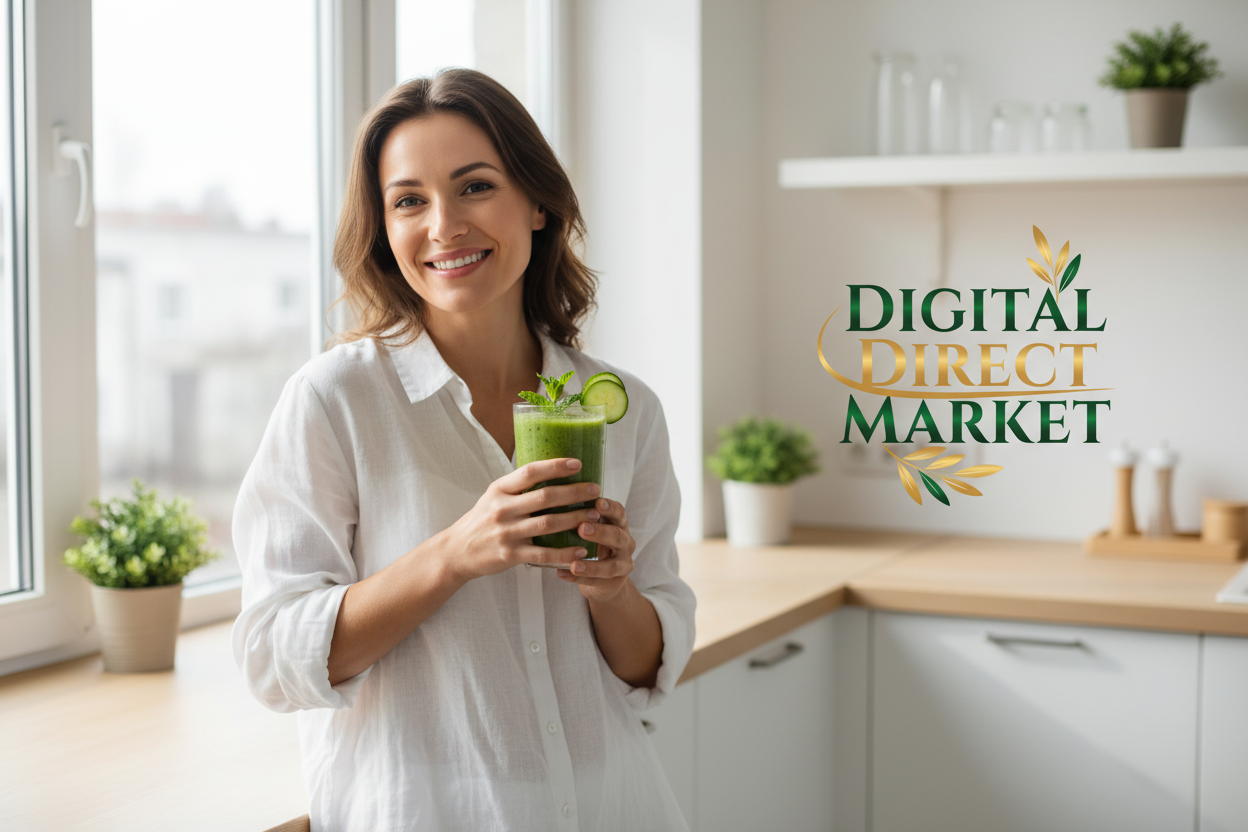Woman with Smoothie & Digital Direct Market Logo